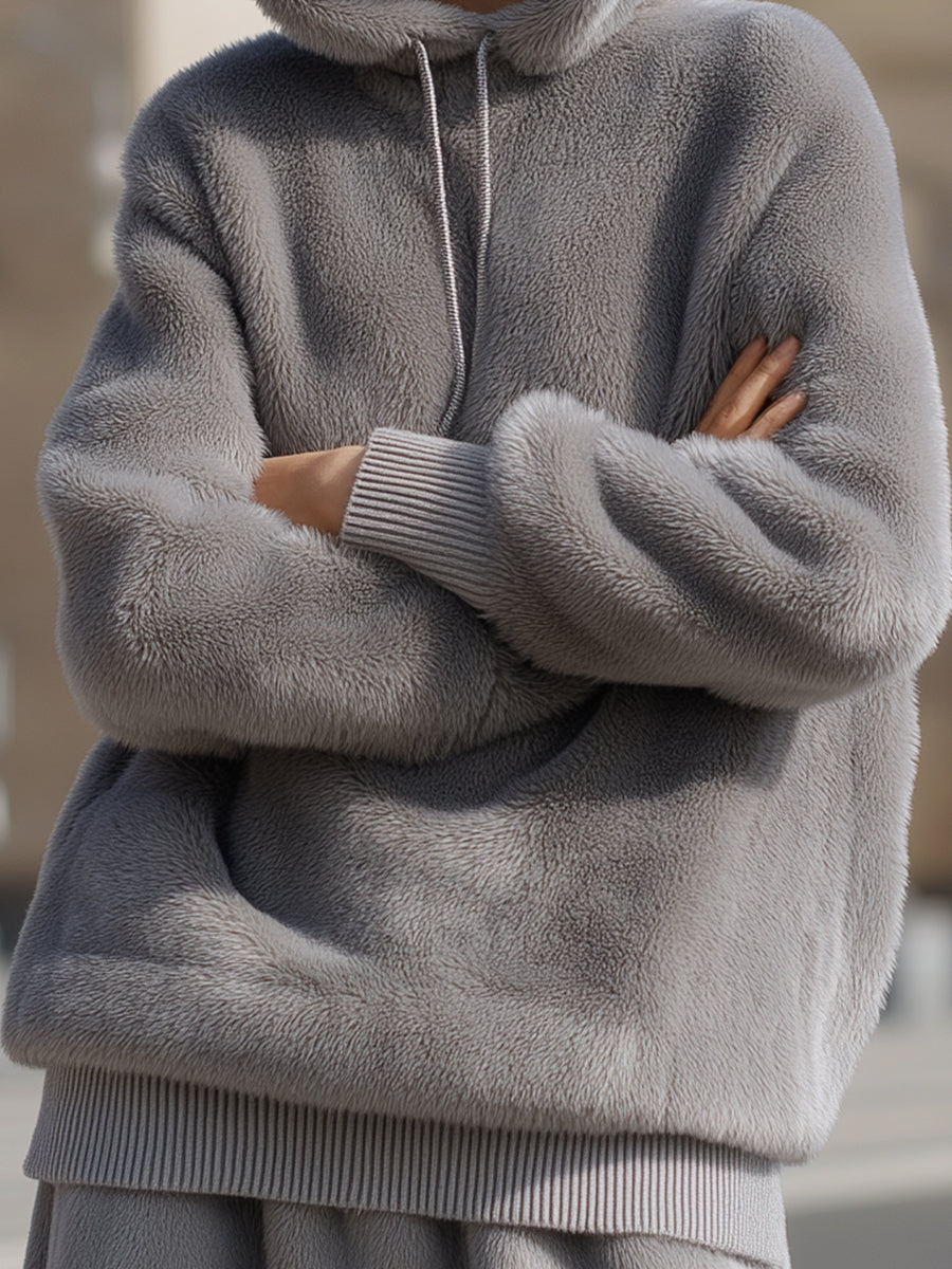 Gray Plush Hooded Pullover