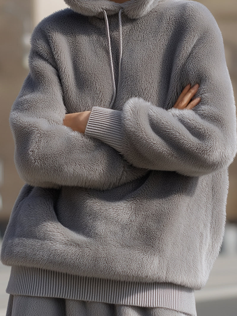 Gray Plush Hooded Pullover