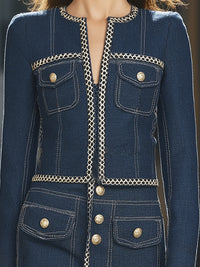 Denim-Effect Tailored Blazer And Skirt Set With Gold Button Detailing