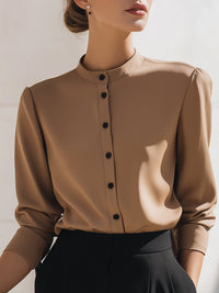 Camel Minimalist Button-Down Blouse With Mandarin Collar