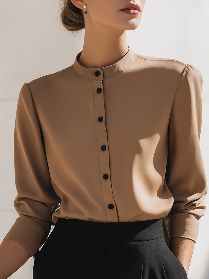 Camel Minimalist Button-Down Blouse With Mandarin Collar