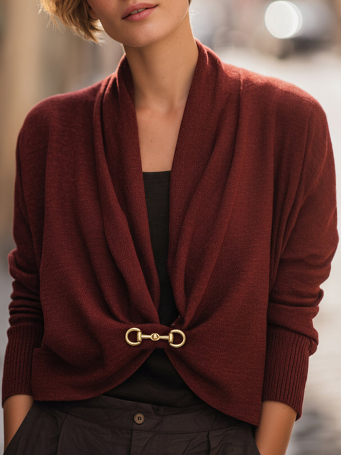 Burgundy Drape-Front Knit Cardigan With Gold Clasp