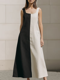 Two-Tone Column Panel Square-Neck Midi Dress