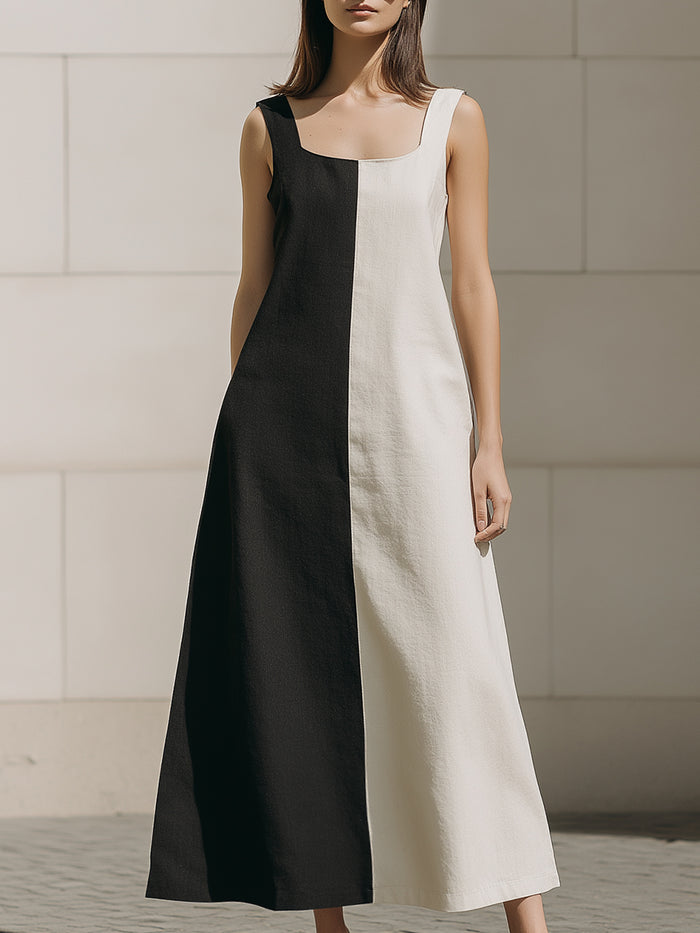 Two-Tone Column Panel Square-Neck Midi Dress
