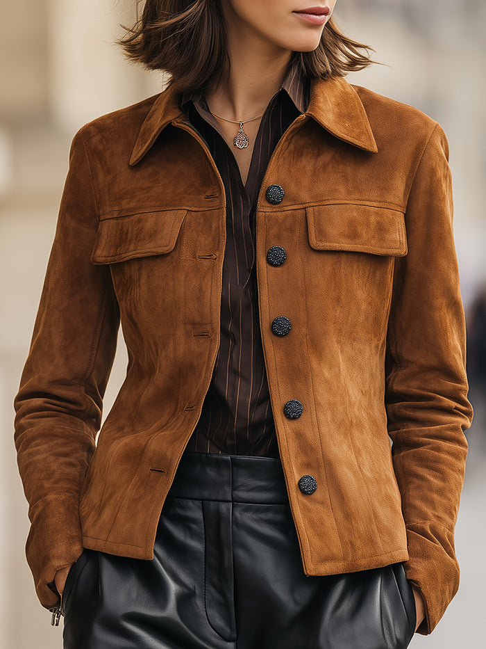 Camel Suede Button-Front Jacket