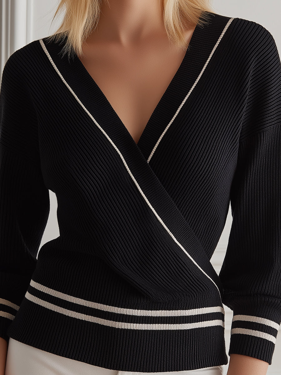 Ribbed Wrap-Front Knit Top With Contrast Trim