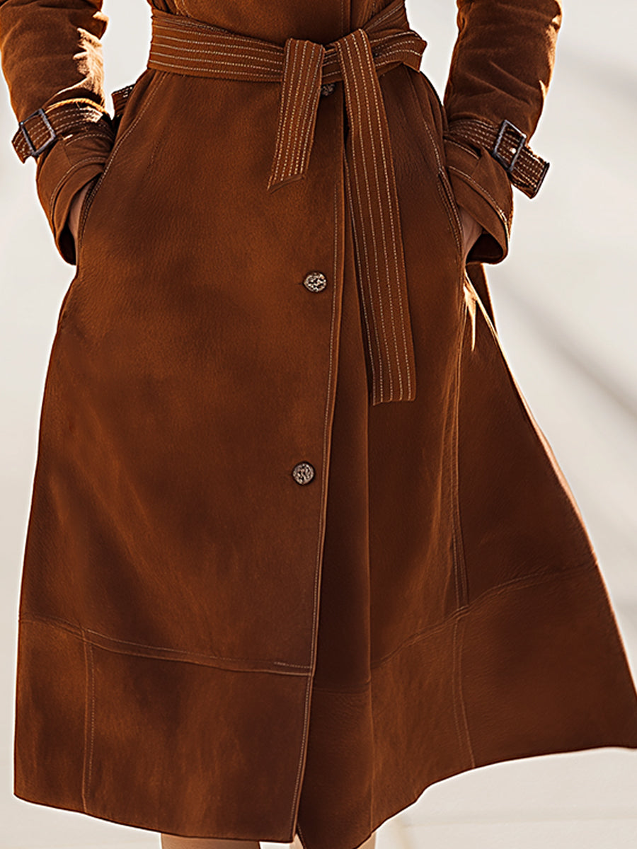Double-Breasted Suede Trench Coat With Fur Collar