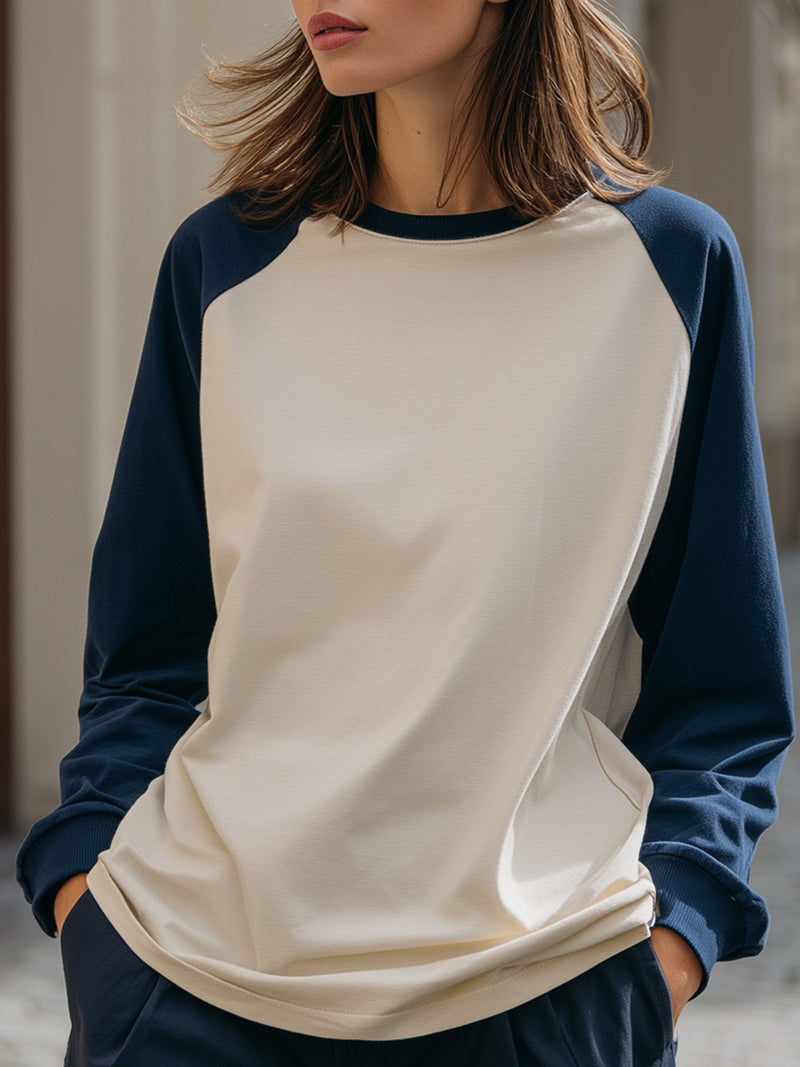 Navy And Cream Contrast Raglan Long-Sleeve Top