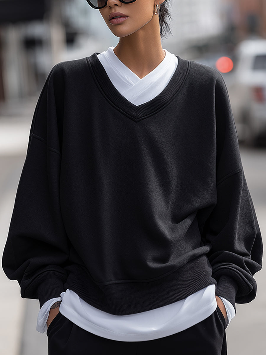 Black V-neck Layered Loose Knit Two-Piece Set