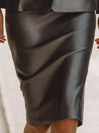 Smooth Charcoal Leather Blazer And Skirt Set