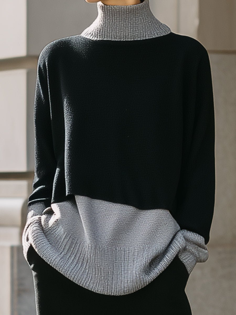Gray Turtleneck Sweater And Black Skirt Three-Piece Set