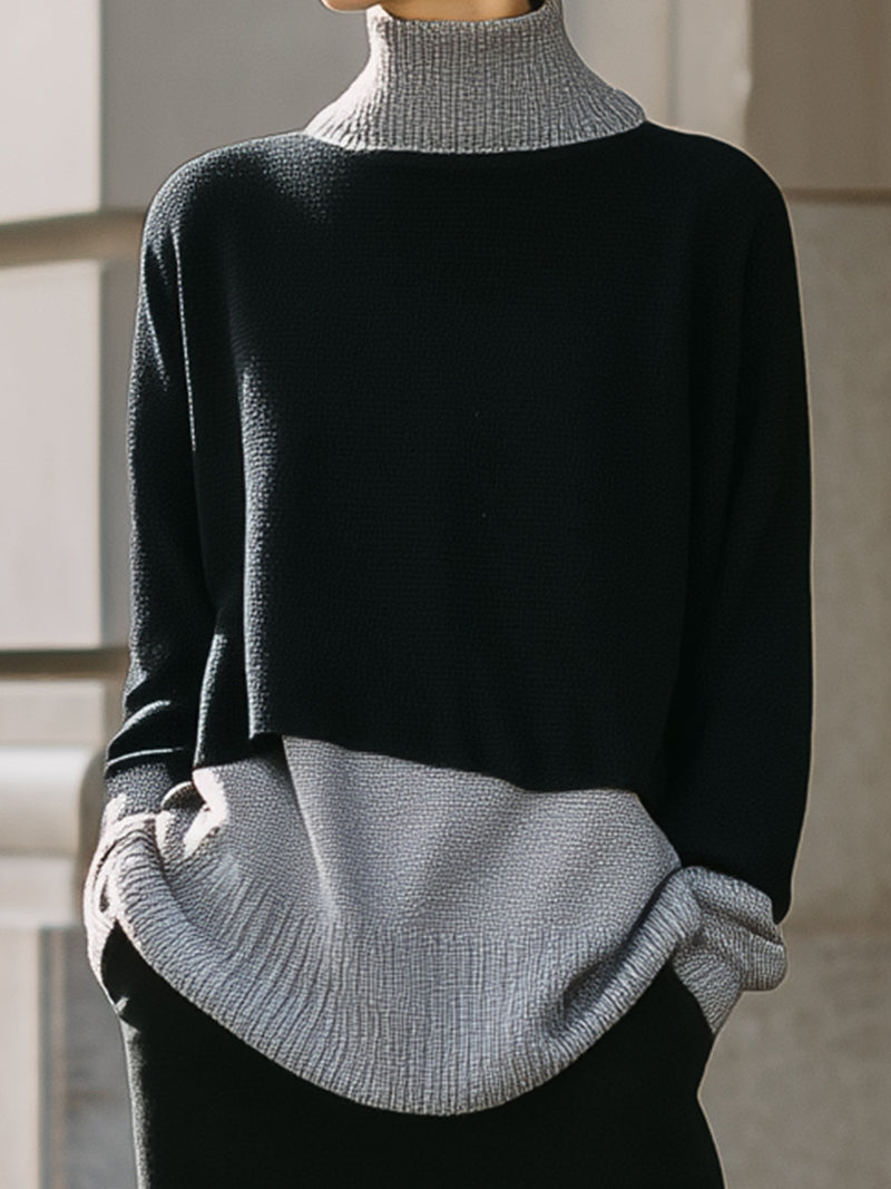 Gray Turtleneck Sweater And Black Skirt Three-Piece Set