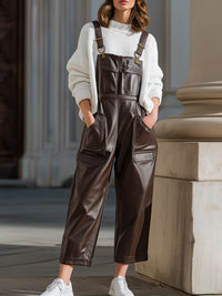 Chocolate Brown Faux Leather Overalls
