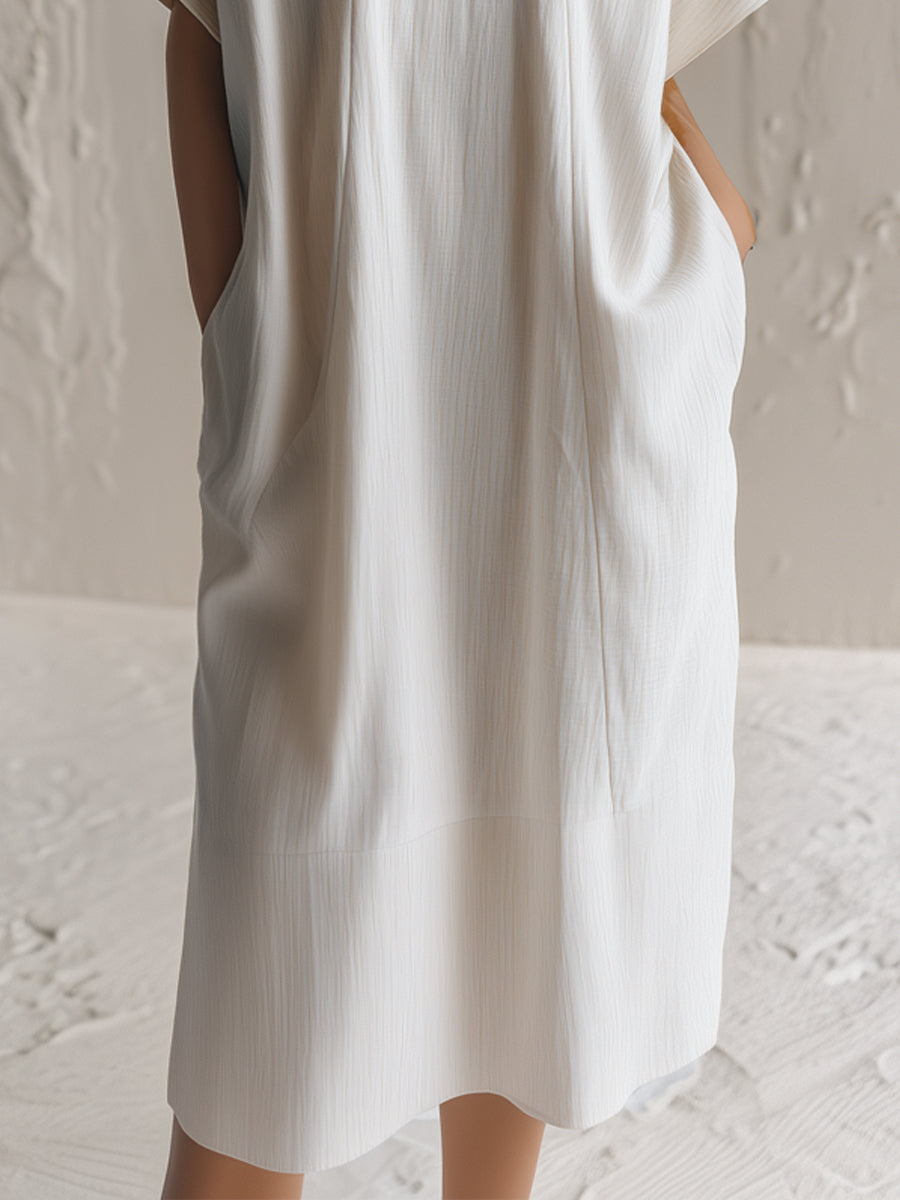 Textured Short-Sleeve Relaxed Midi Dress