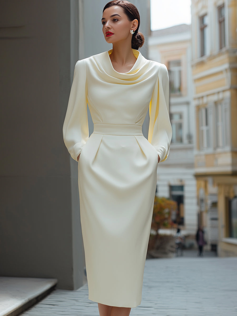 Ivory Draped Neck Long-Sleeve Midi Dress