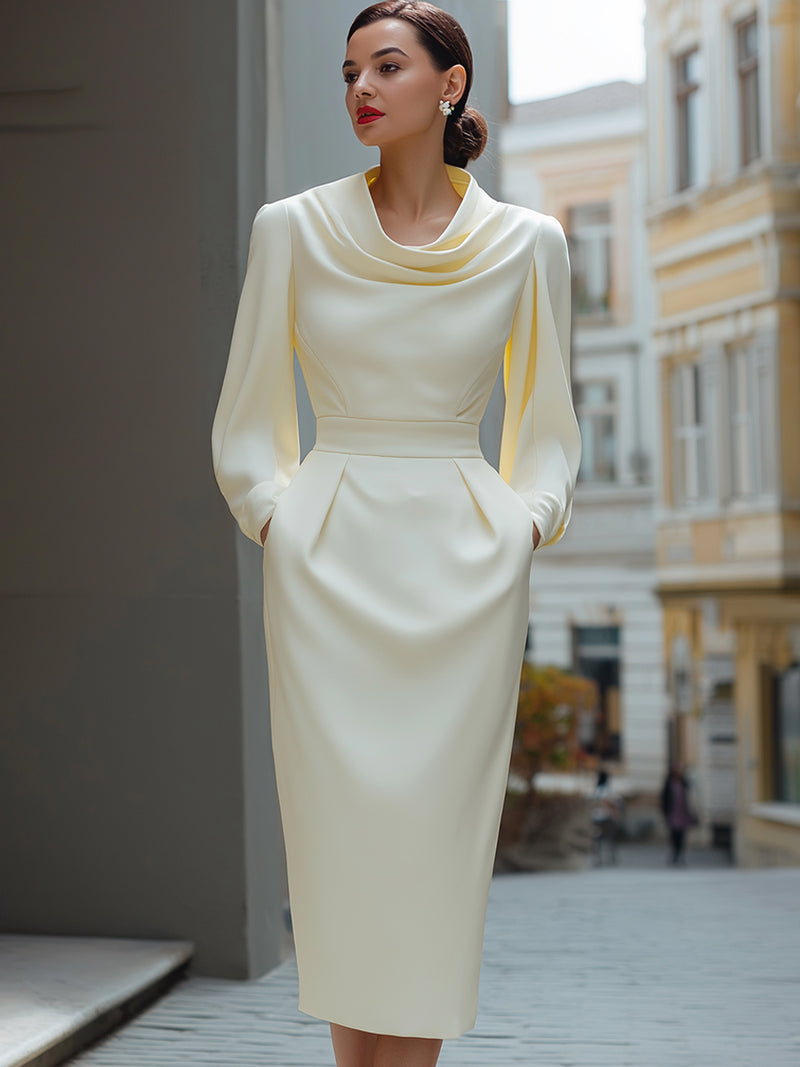 Ivory Draped Neck Long-Sleeve Midi Dress