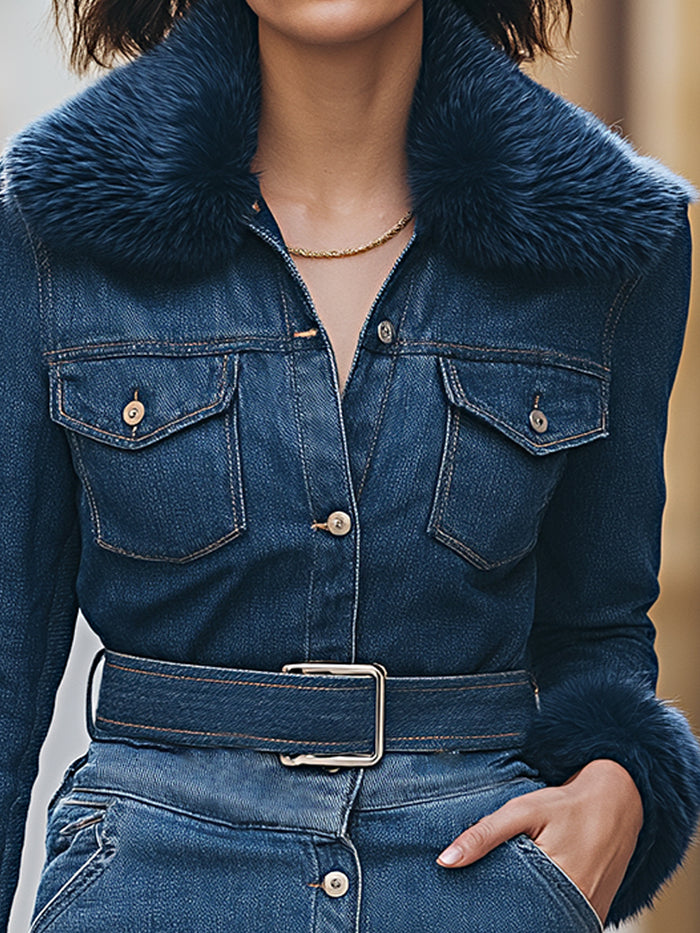Denim Mini Dress With Faux Fur Trim And Belt