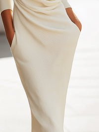 Ivory Rib Knit Drape Neck Midi Dress
