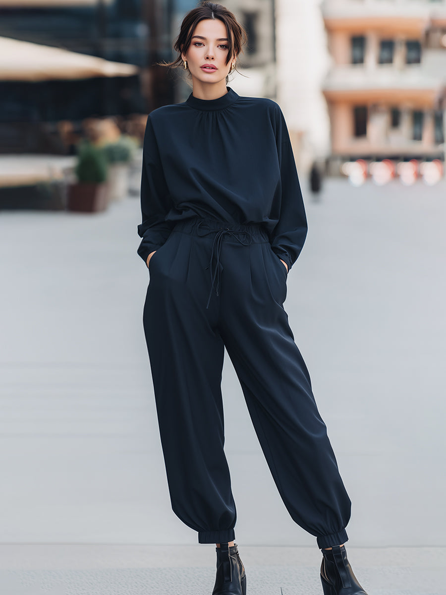 Relaxed High-Neck Long Sleeve Drawstring Jumpsuit