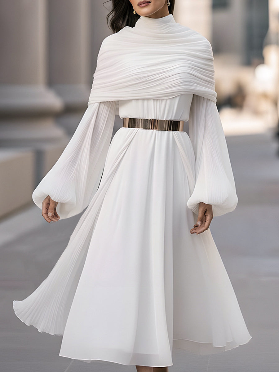 Elegant Draped High-Neck Chiffon Midi Dress With Pleated Cape Detail