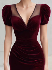Burgundy Velvet Sweetheart Plunge Puff-Sleeve Column Midi Dress