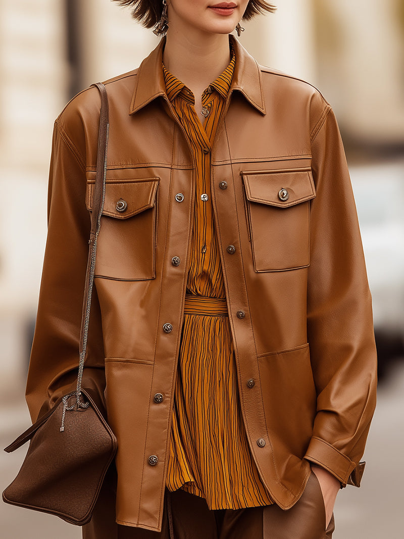 Faux Leather Utility Shirt Jacket