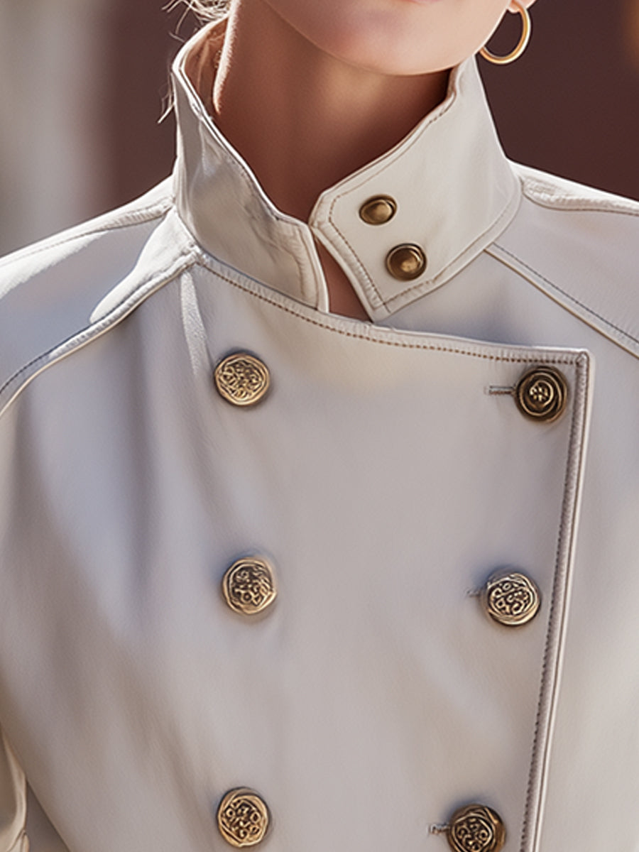 Ivory Cropped Double-Breasted Leather Jacket