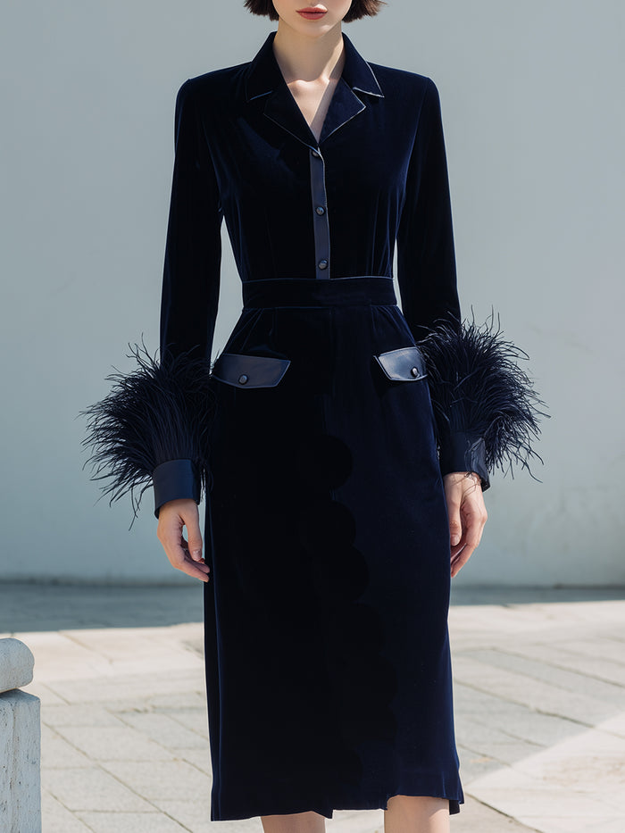 Navy Velvet Shirt Dress With Feathered Cuffs