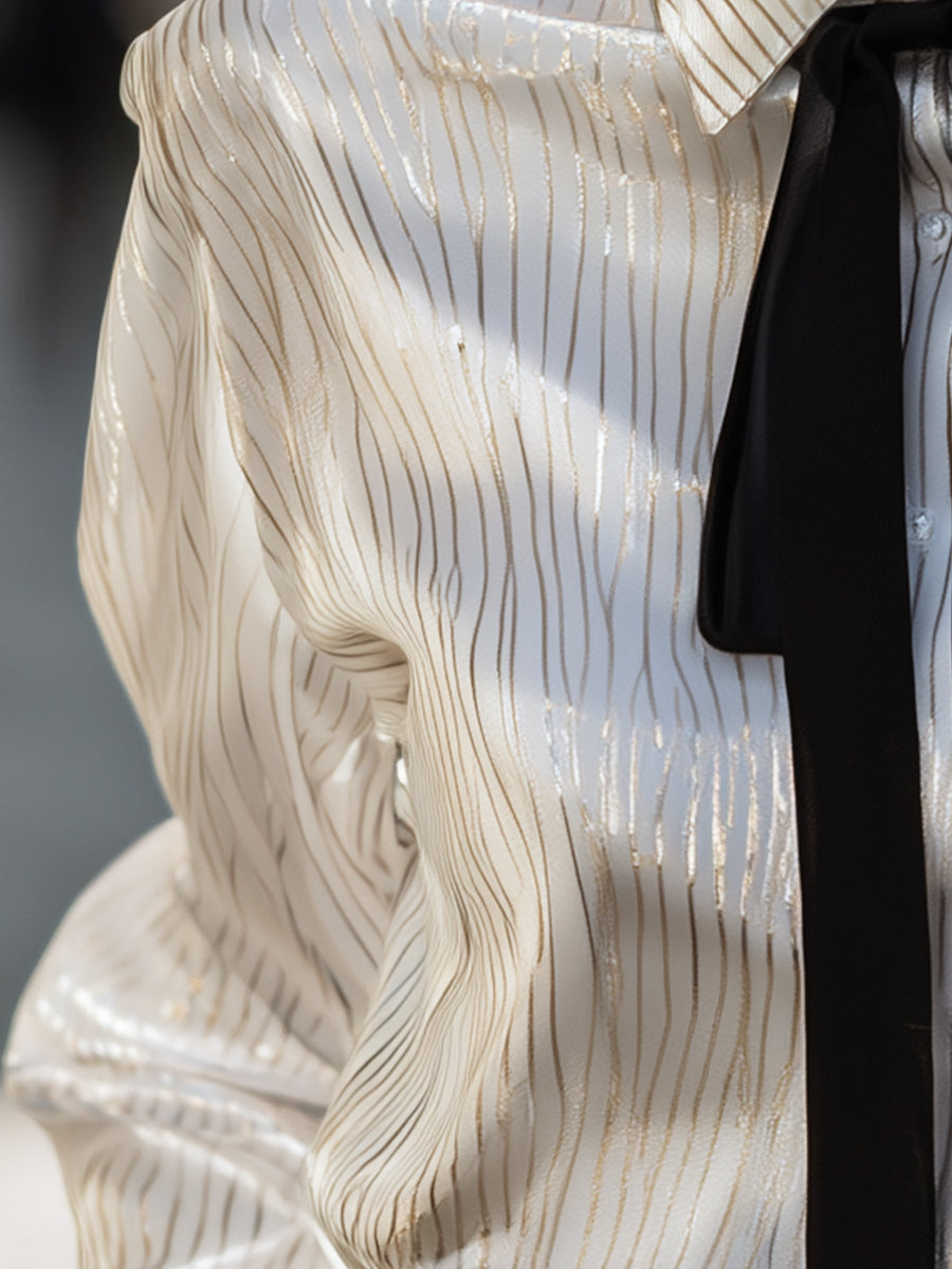 Metallic Pinstripe Satin Blouse With Black Ribbon Tie
