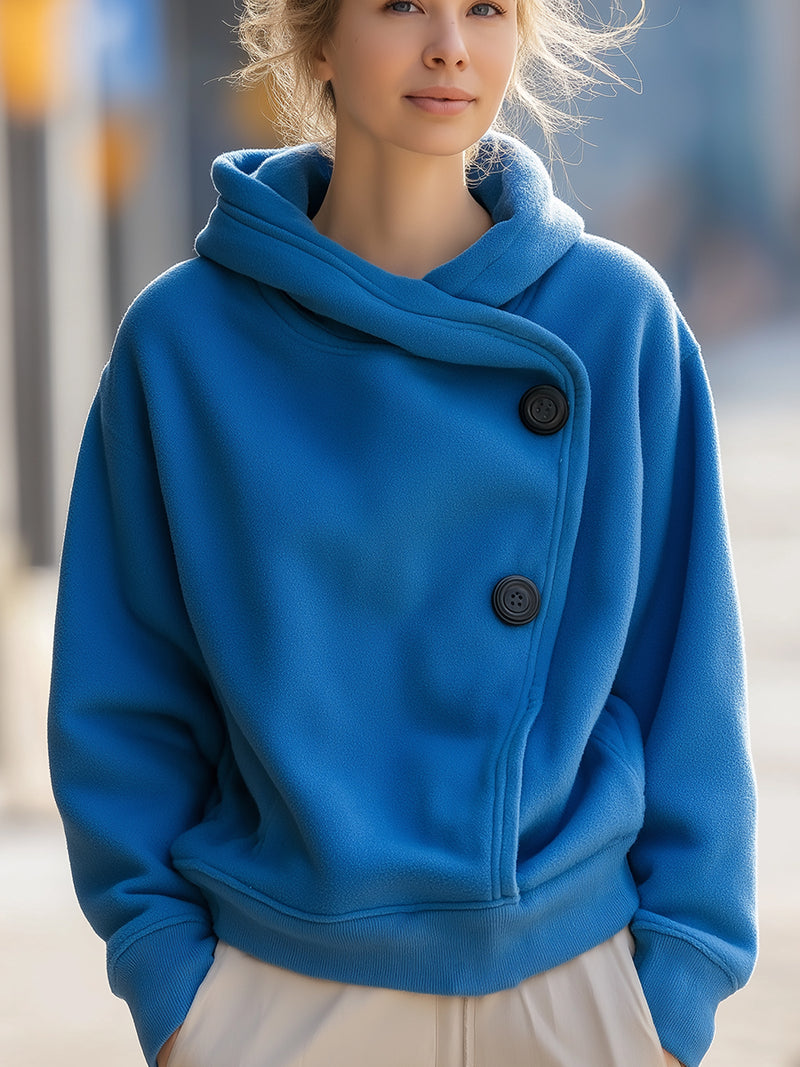 Cozy Blue Fleece Hoodie With Buttoned Detail