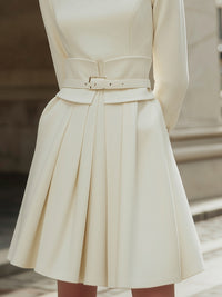 Elegant Pleated Belted Cream Dress