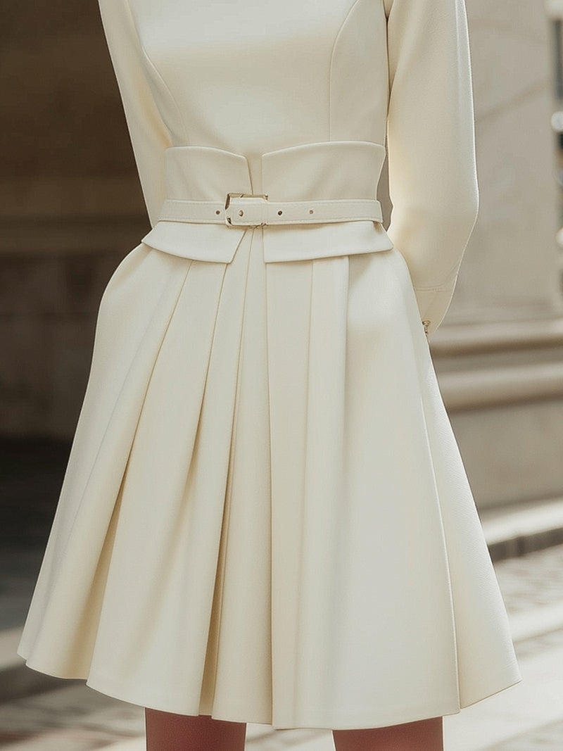 Elegant Pleated Belted Cream Dress
