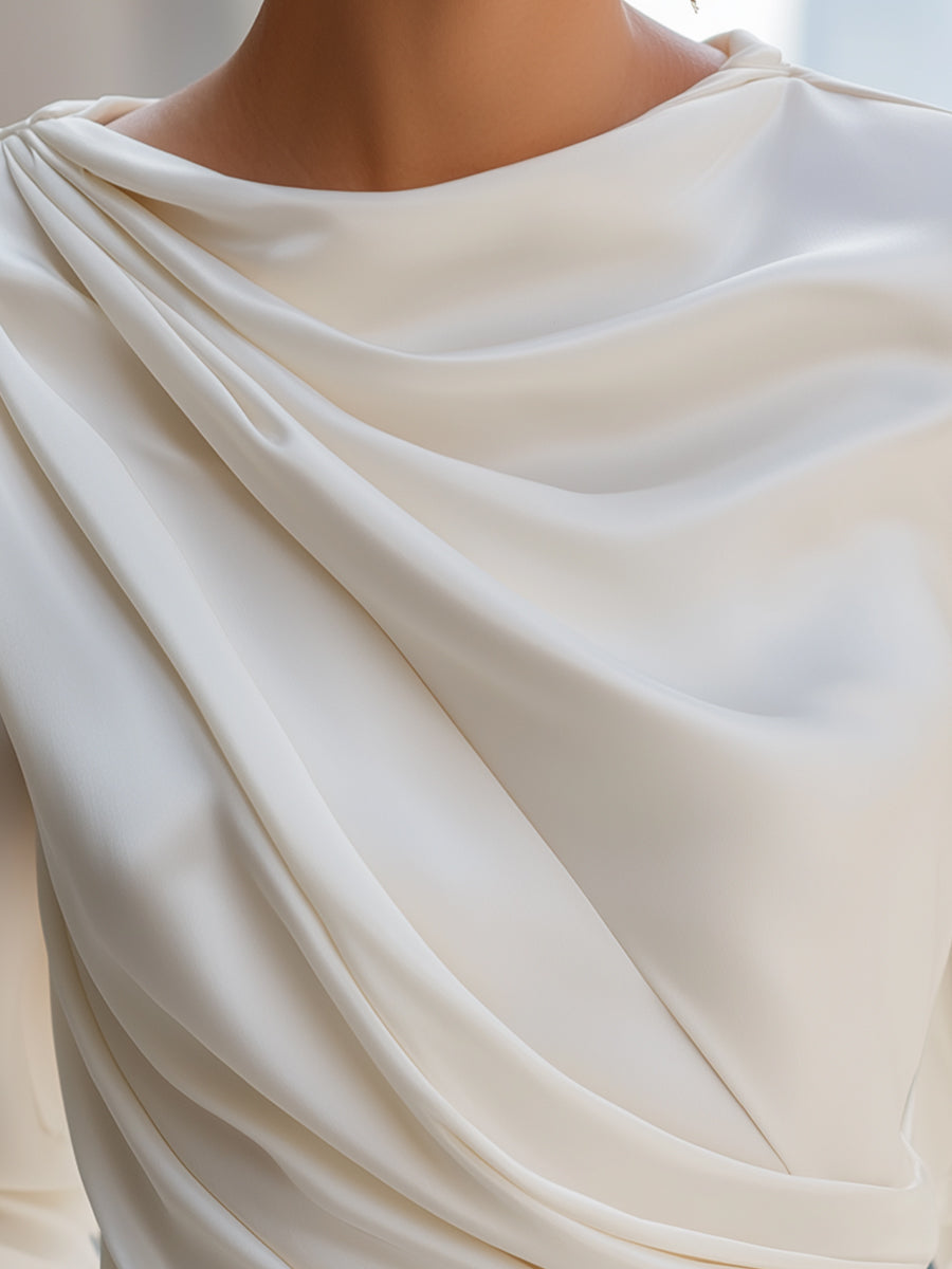 Draped Satin Long-Sleeve Blouse