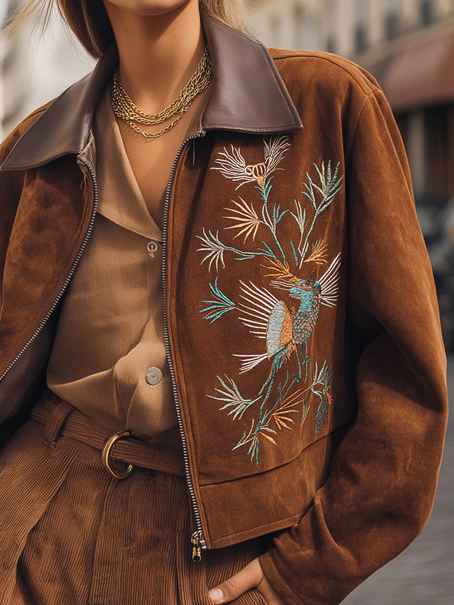 Brown Embroidered Suede Bomber Jacket With Leather Collar