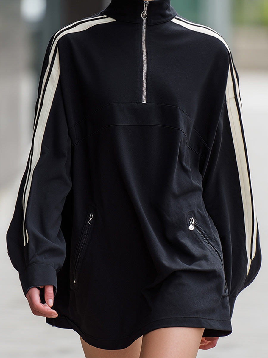 Sporty Half-Zip Mock-Neck Mini Dress With Contrast Stripes