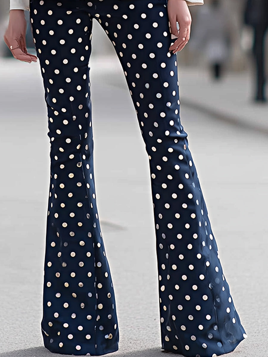 Navy Polka Dot Double-Breasted Blazer And Flared Pants Set