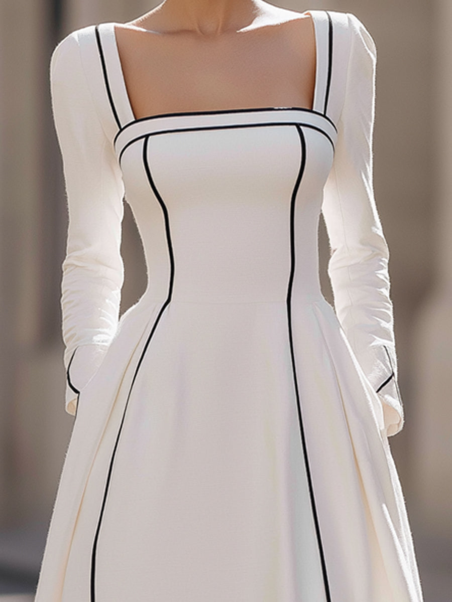 White Long-Sleeve Maxi Dress With Black Piping