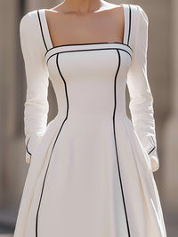 White Long-Sleeve Maxi Dress With Black Piping