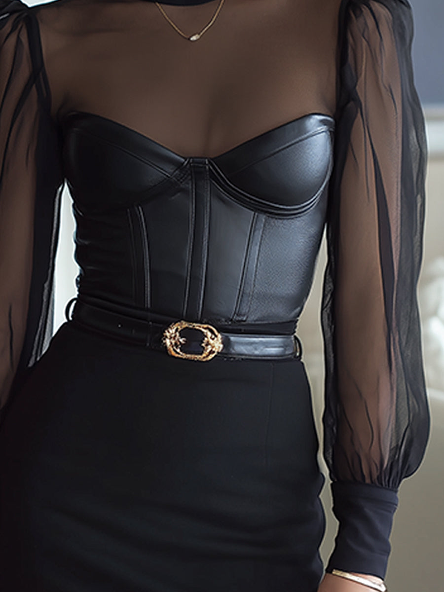 Sheer Mesh High-Neck Faux Leather Bustier Top