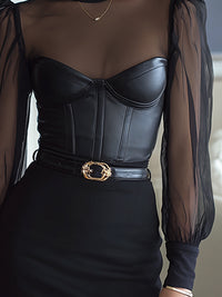 Sheer Mesh High-Neck Faux Leather Bustier Top
