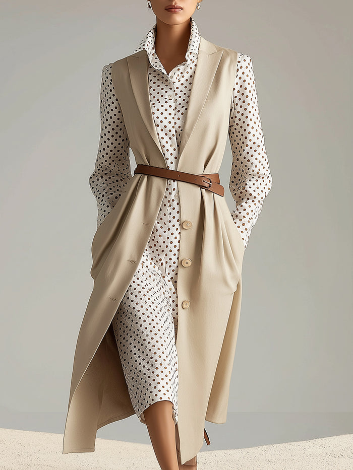 Belted Sleeveless Long Blazer With Polka Dot Shirt Dress Set