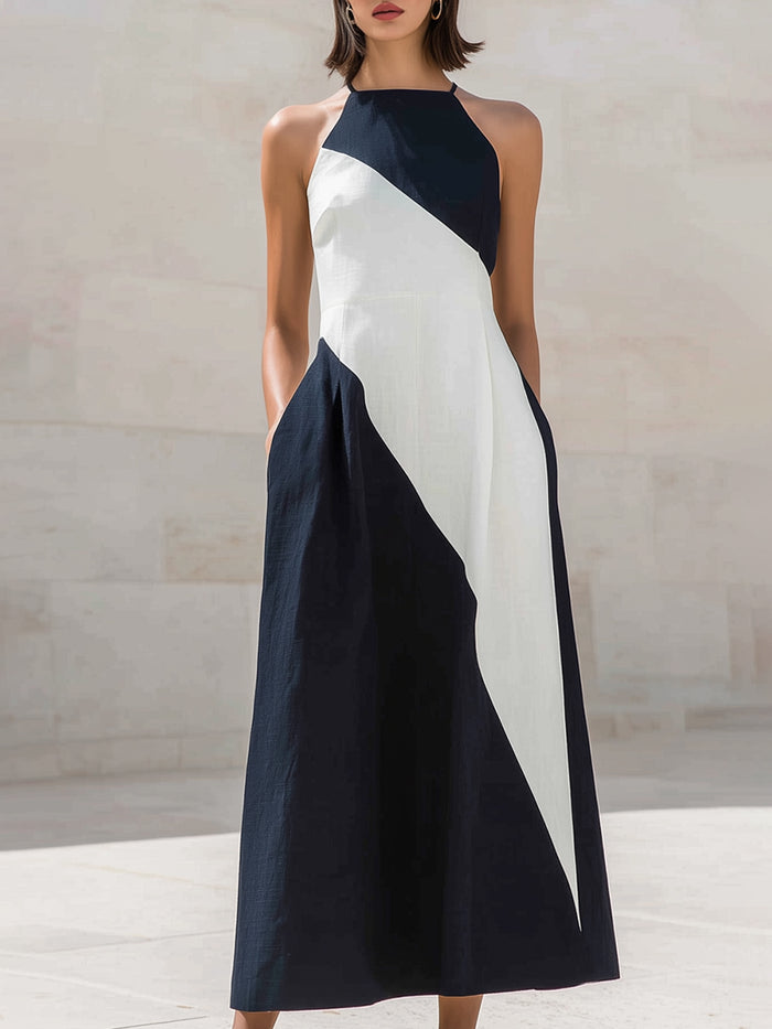 Asymmetric Panel Halter Neck A-Line Midi Dress