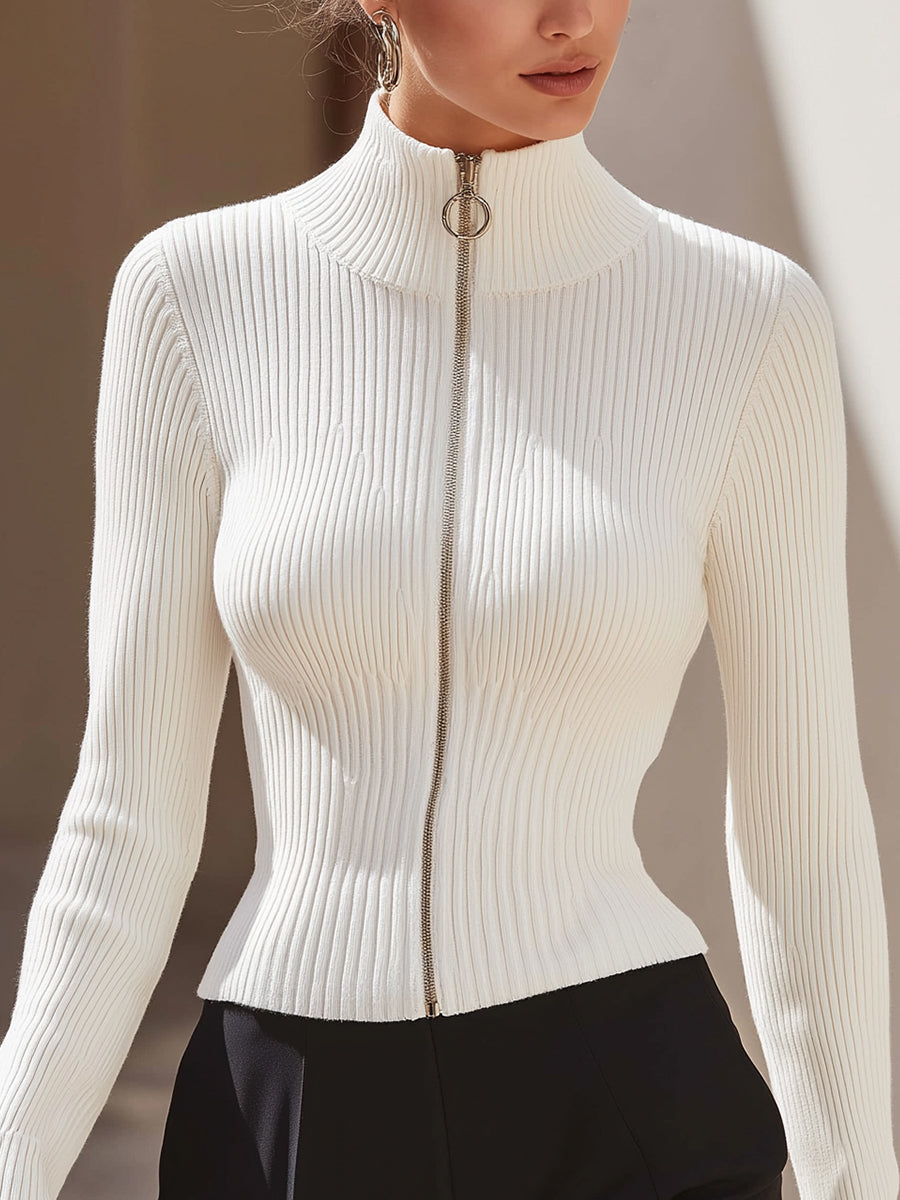 White Ribbed Knit Zip-Up Top