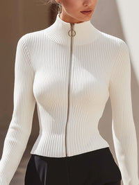 White Ribbed Knit Zip-Up Top