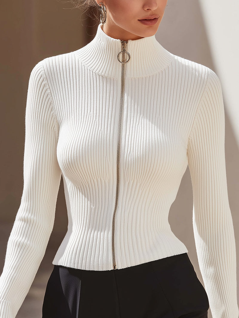 White Ribbed Knit Zip-Up Top