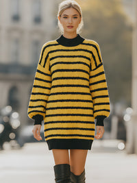 Yellow And Black Striped Textured Knit Sweater Dress