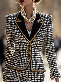 Houndstooth Gold-Trim Tweed Blazer