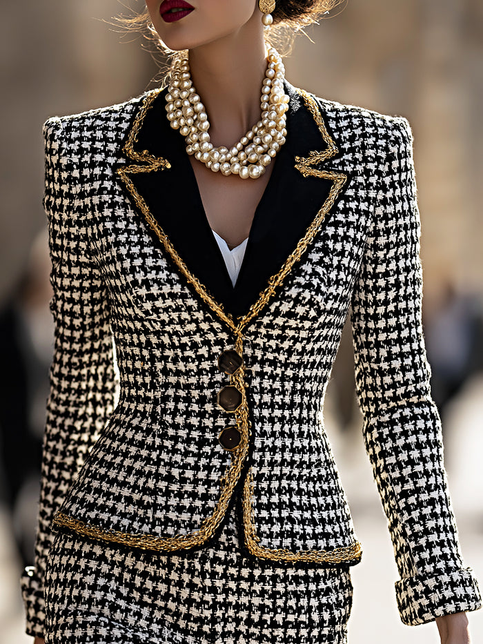 Houndstooth Gold-Trim Tweed Blazer