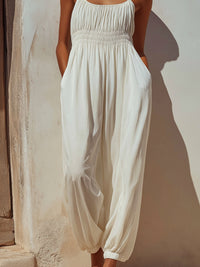 Elegant Smocked Waist Spaghetti Strap Harem Jumpsuit