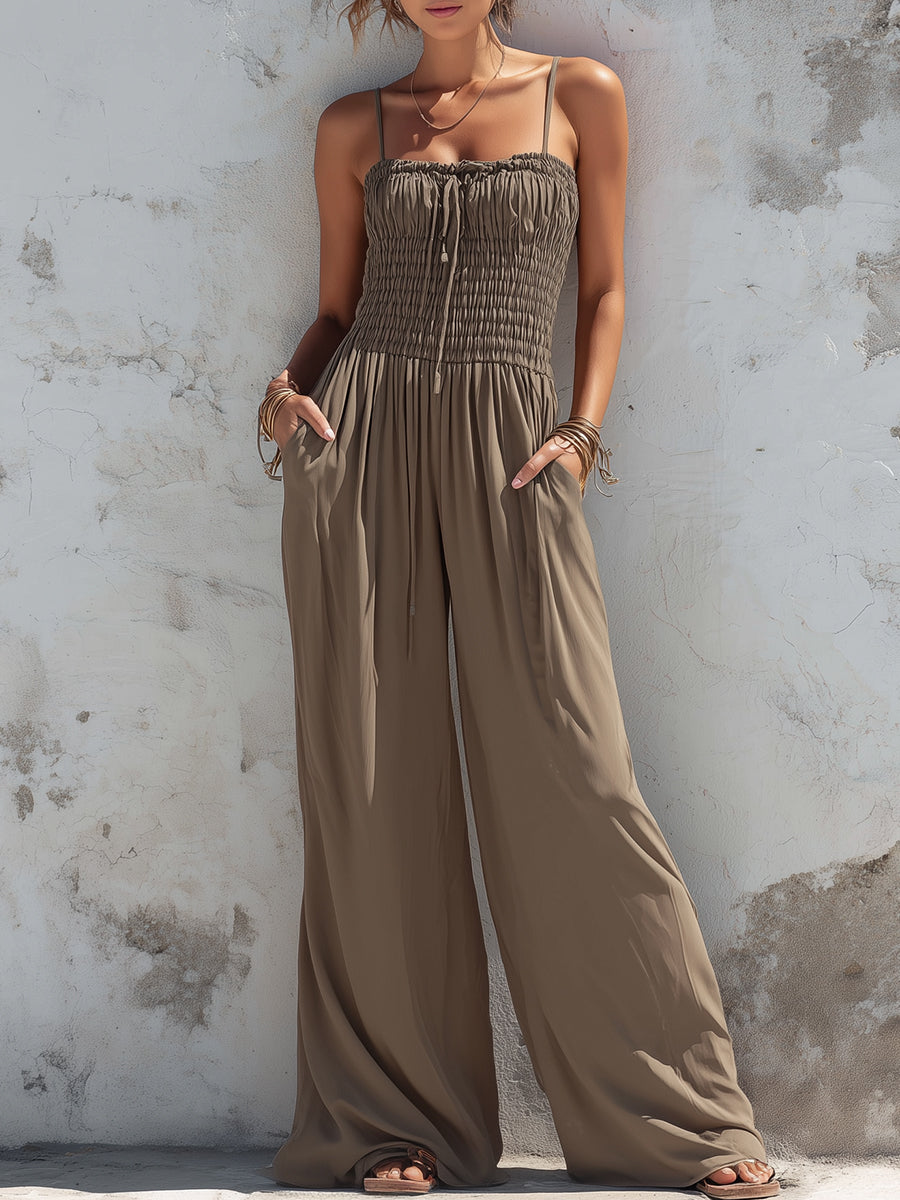 Smocked Spaghetti-Strap Wide-Leg Jumpsuit